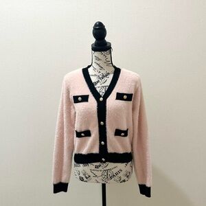Cropped Soft Pink Cardigan with Black Trim and Gold Buttons